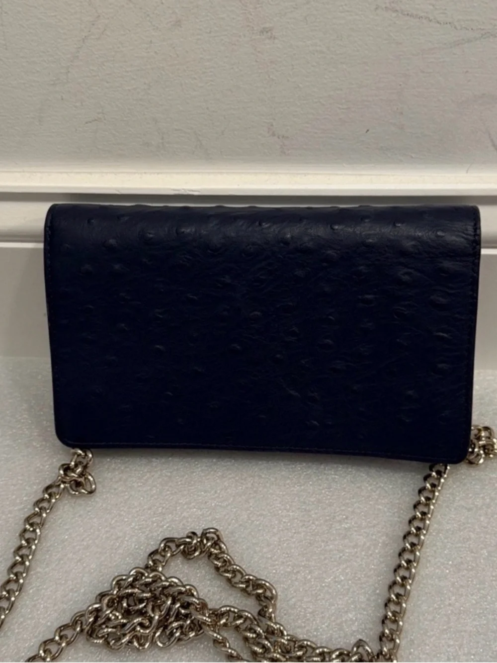 Kate Spade Isabeli Navy Ostrich Leather Embossed with Chain Crossbody -EUC